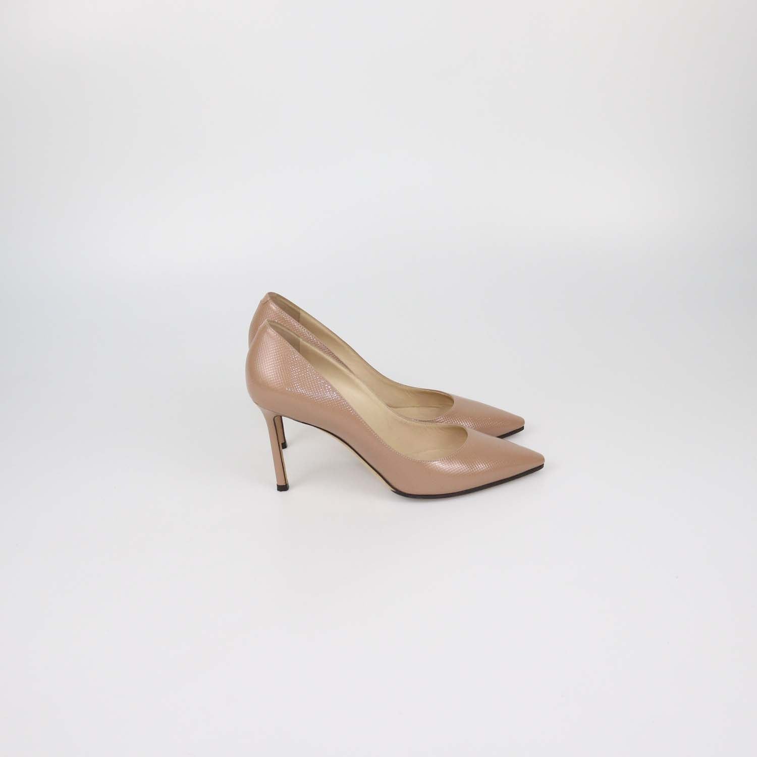 Jimmy Choo Beige Textured Patent Leather Romy Pumps