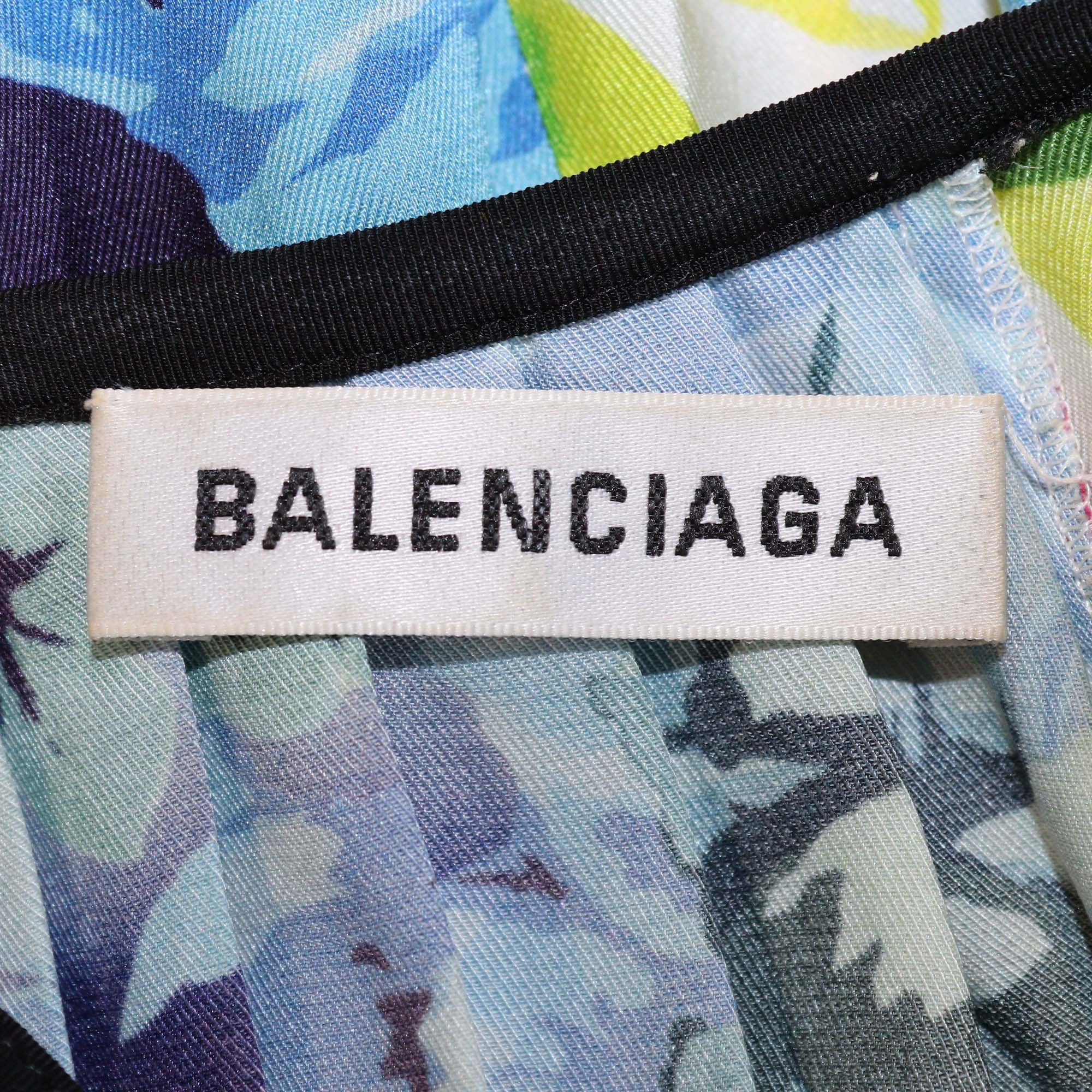 Balenciaga Multicolor Jersey Floral Print Pleated Midi Dress