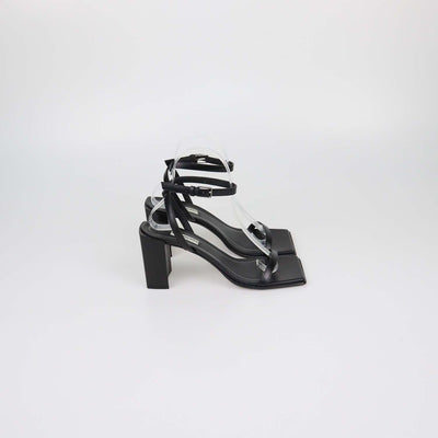 Balenciaga Black Leather Square Toe Ankle Strap Sandals
