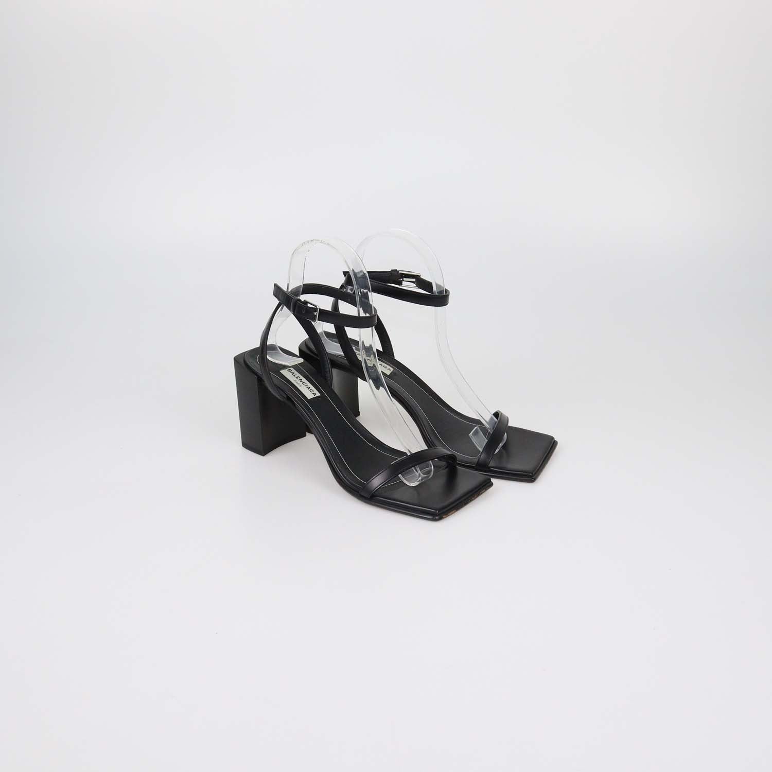 Balenciaga Black Leather Square Toe Ankle Strap Sandals