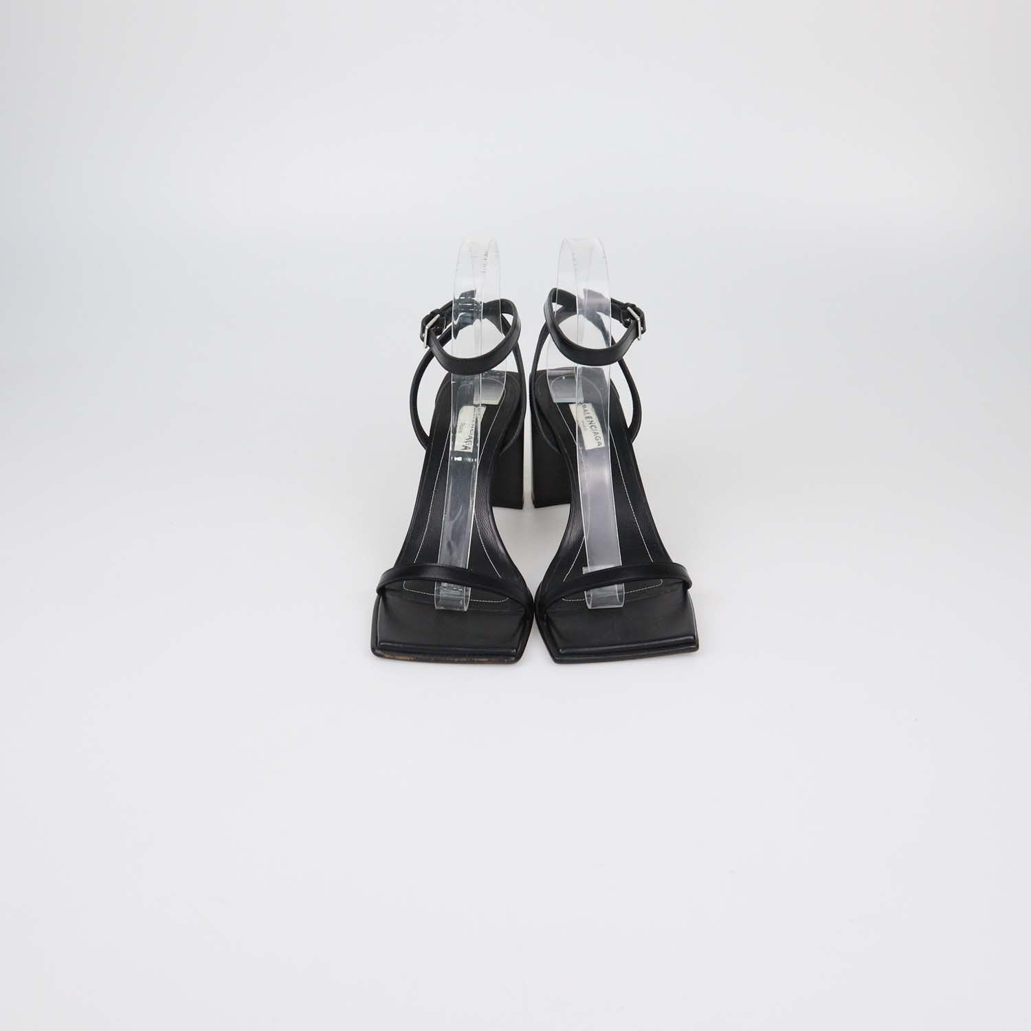 Balenciaga Black Leather Square Toe Ankle Strap Sandals