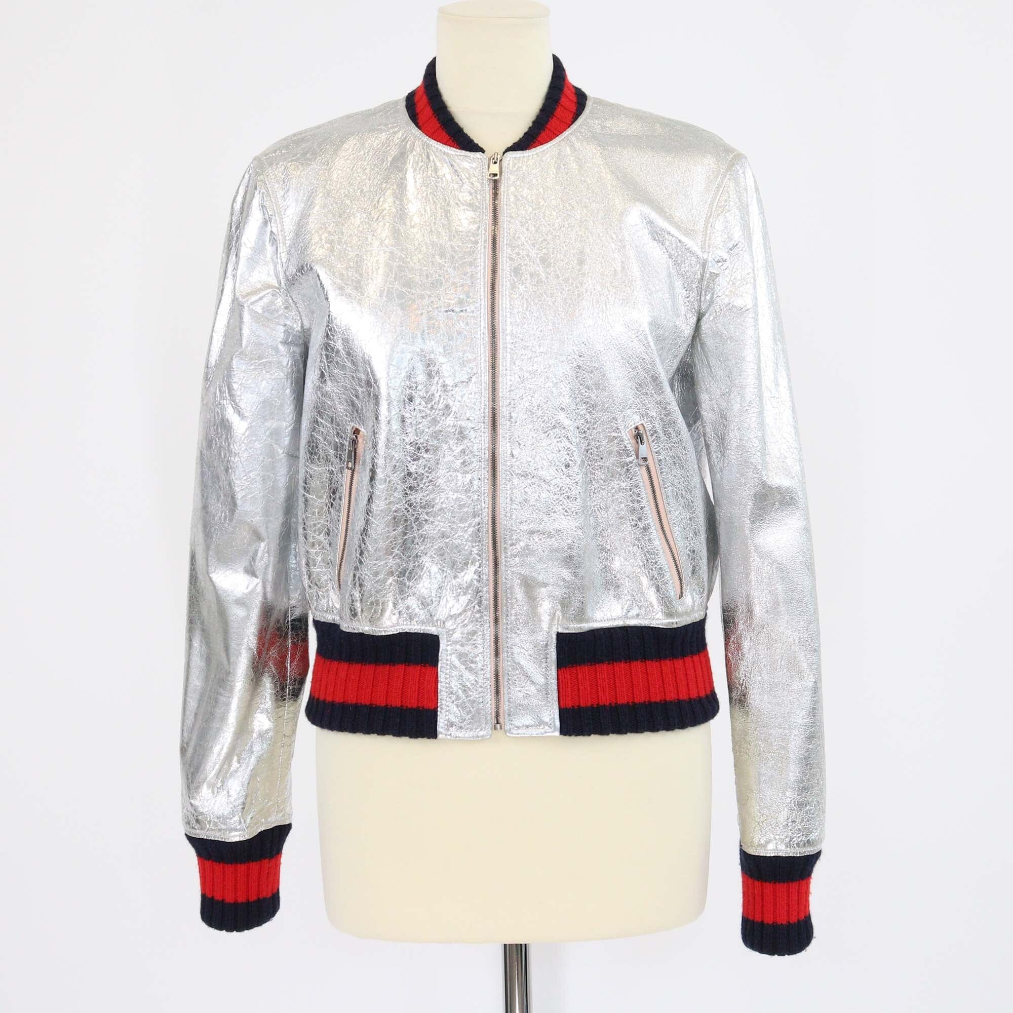 Gucci Silver Crinkle Bomber Jacket Womens Gucci 