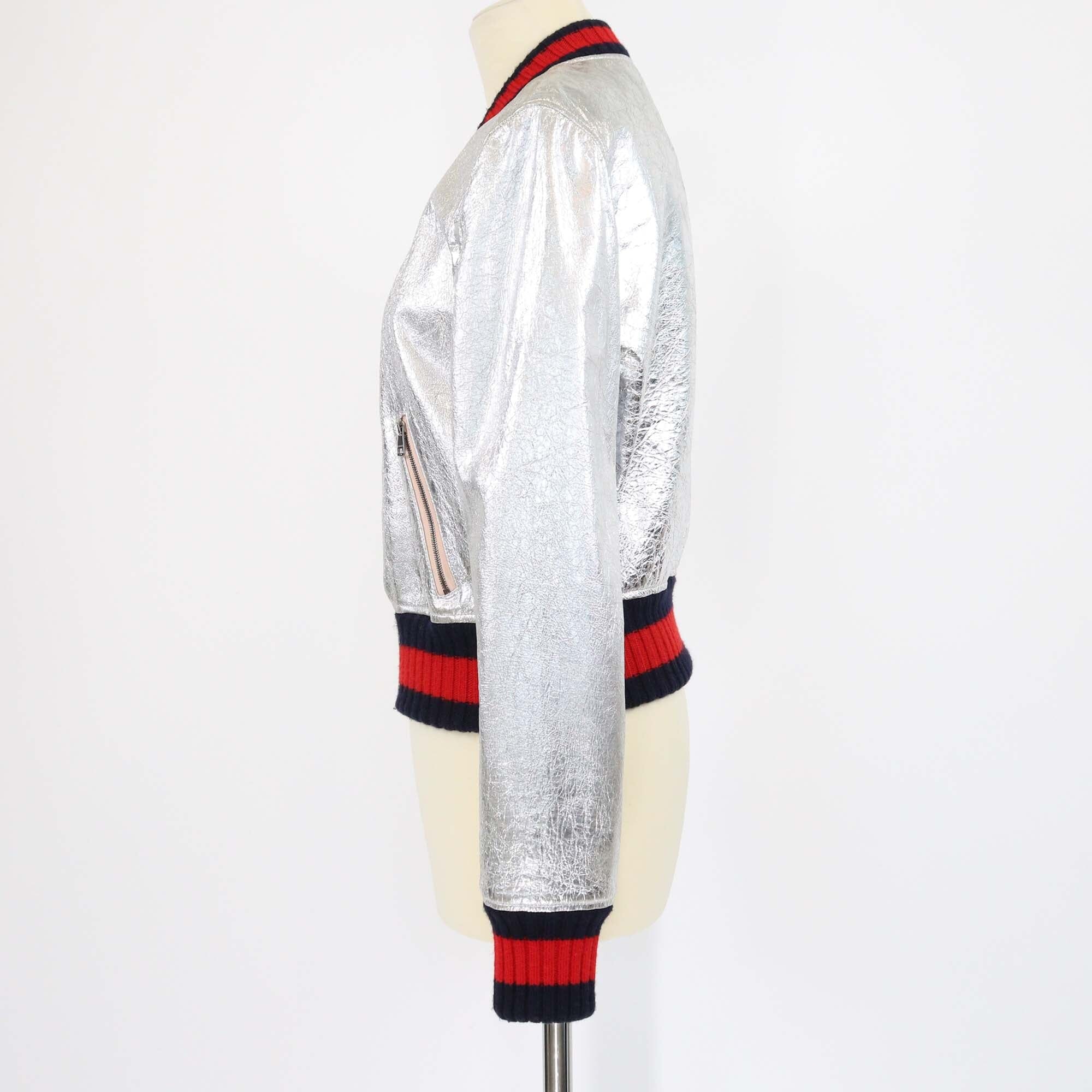 Gucci Silver Crinkle Bomber Jacket Womens Gucci 