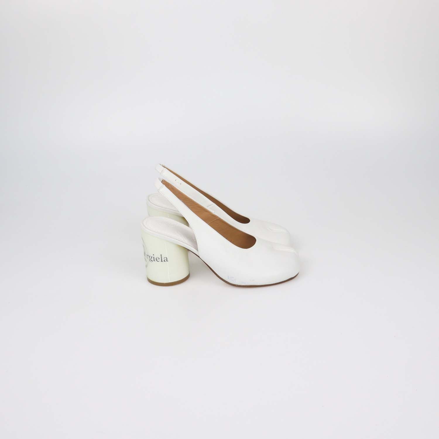 Maison Margiela White Leather Hologram Block Heel Tabi Slingback Pumps