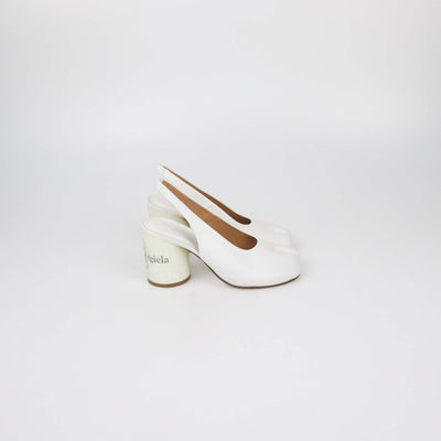 Maison Margiela White Leather Hologram Block Heel Tabi Slingback Pumps