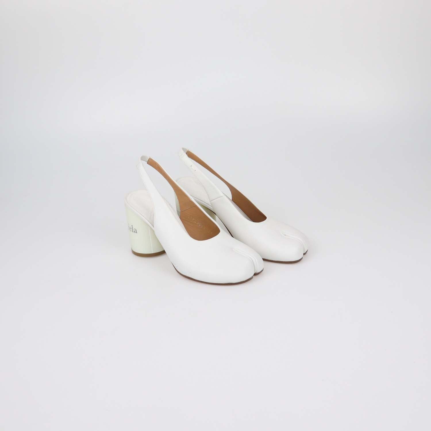 Maison Margiela White Leather Hologram Block Heel Tabi Slingback Pumps