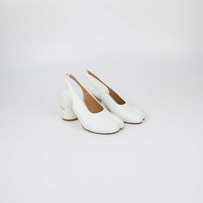 Maison Margiela White Leather Hologram Block Heel Tabi Slingback Pumps