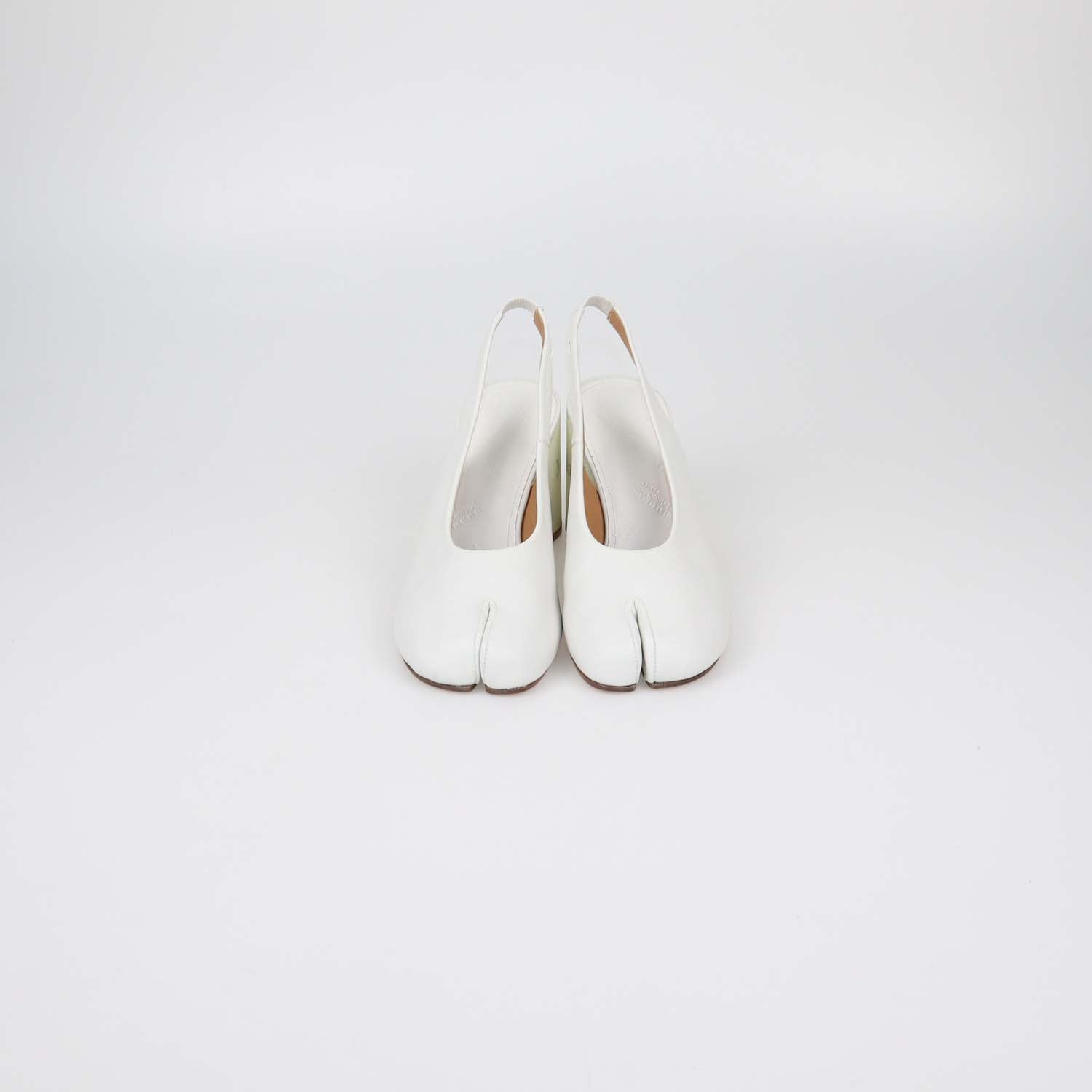 Maison Margiela White Leather Hologram Block Heel Tabi Slingback Pumps