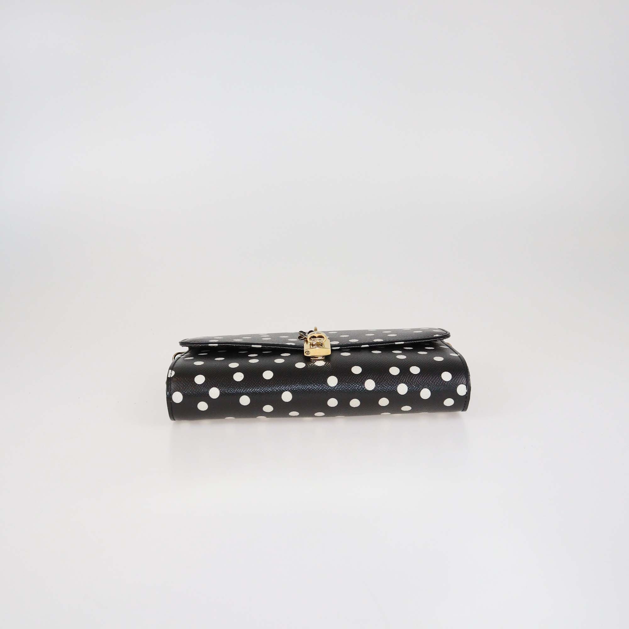 Dolce & Gabbana Black/White Polka Dot Leather Padlock Chain Clutch