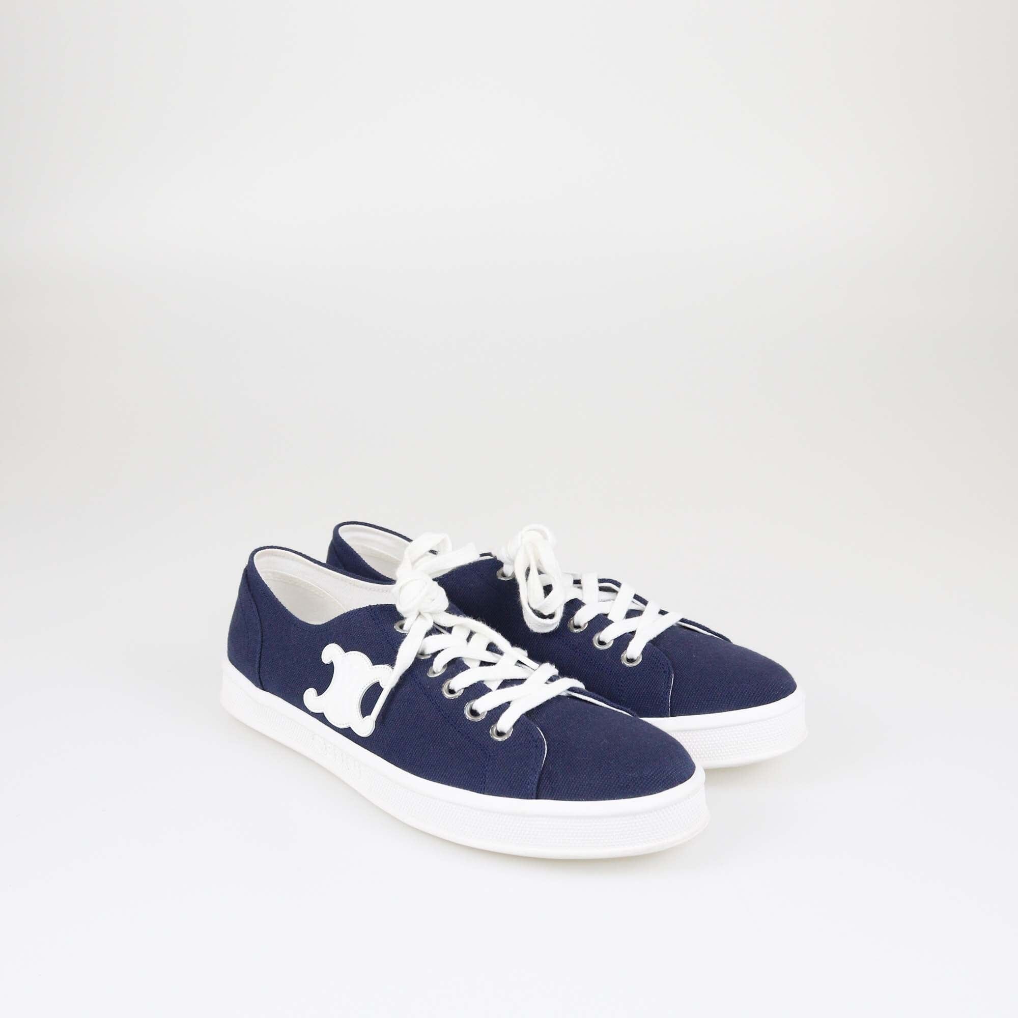 Celine Navy Blue Triomphe Jane Lace Up Low Sneakers Womens Celine 