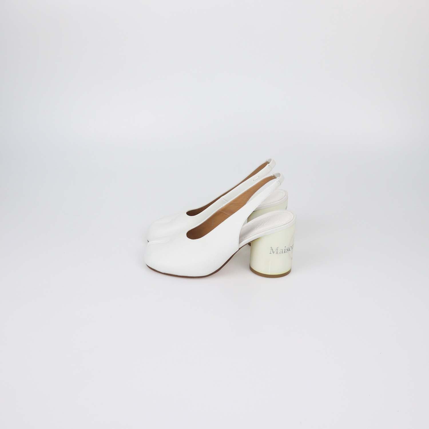Maison Margiela White Leather Hologram Block Heel Tabi Slingback Pumps
