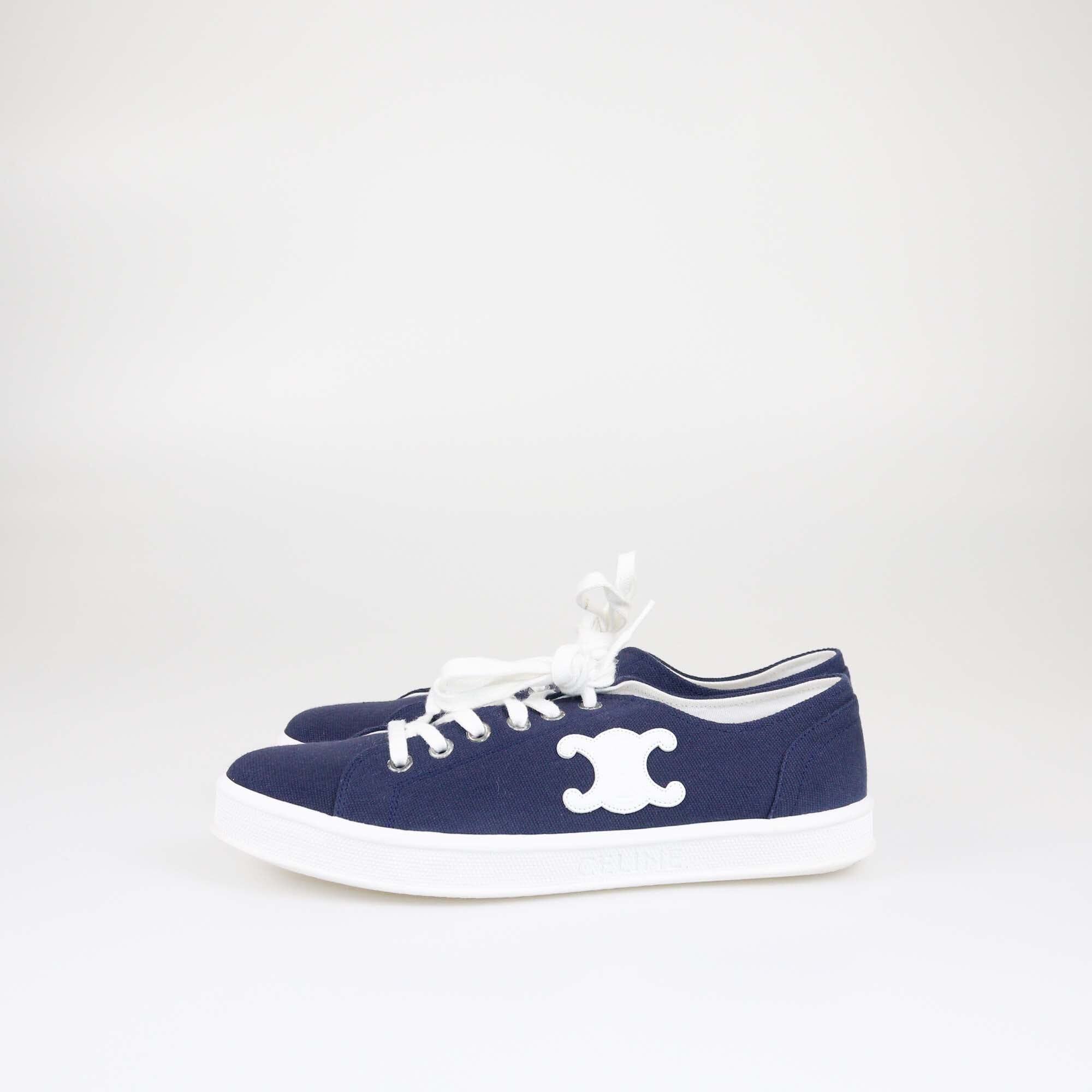 Celine Navy Blue Triomphe Jane Lace Up Low Sneakers Womens Celine 