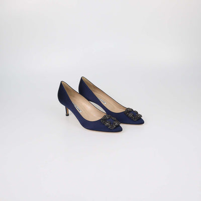 Manolo Blahnik Navy Blue Satin Hangisi Pumps