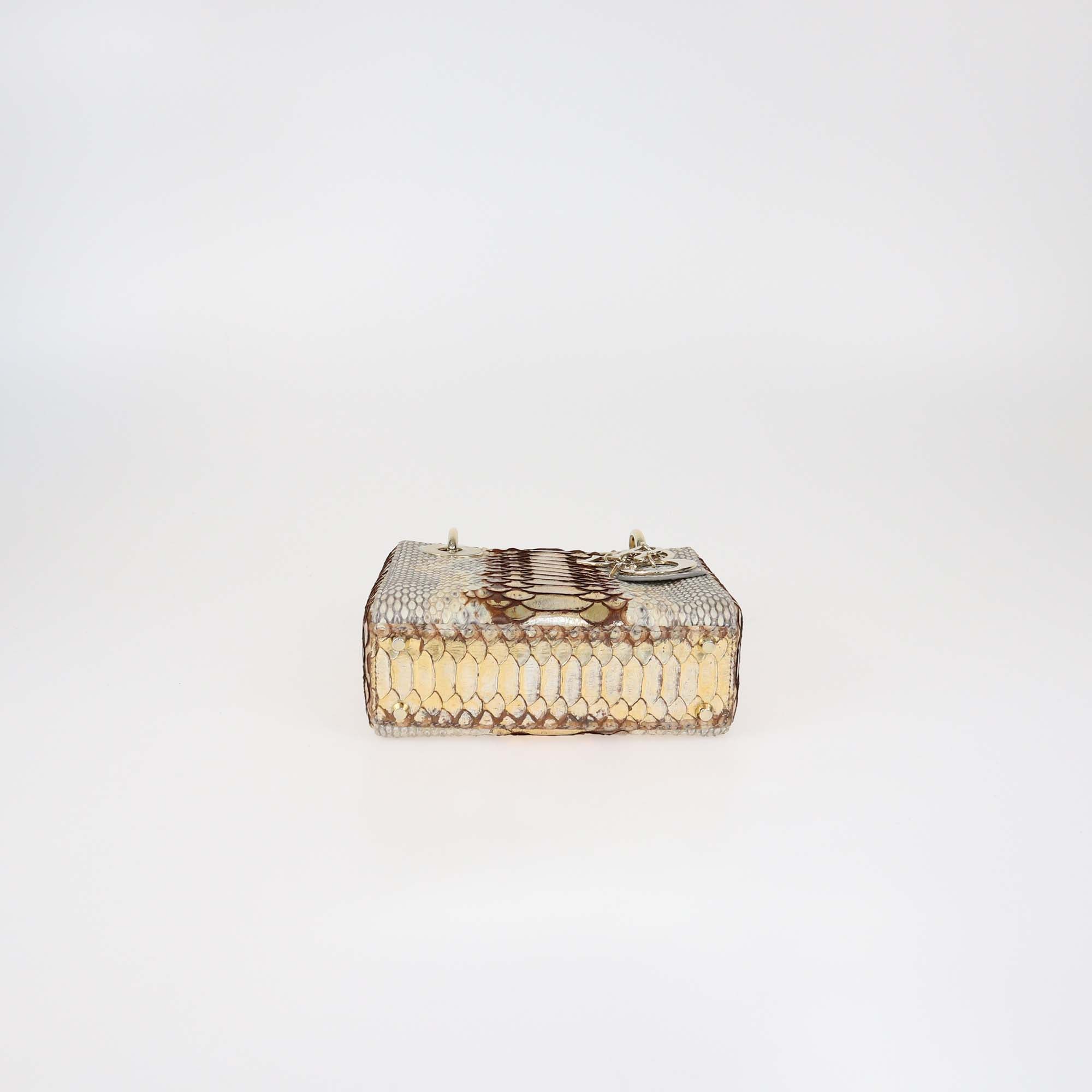 Christian Dior Beige/Gold Python Mini Lady Dior Tote