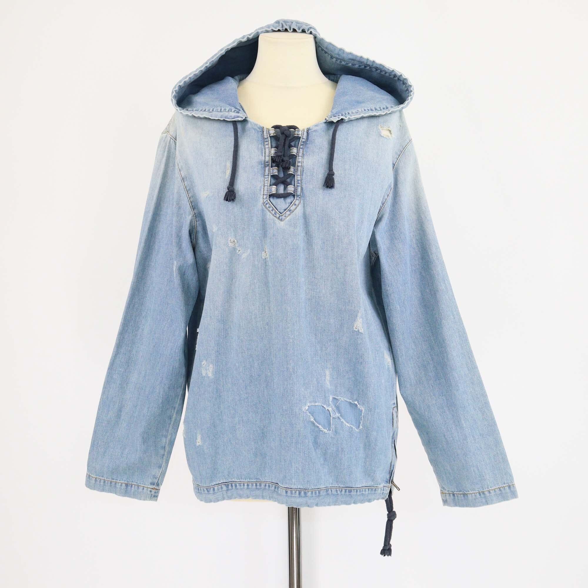 Saint Laurent Washed Blue Denim Distressed Lace Up Hoodie Jacket Womens Saint Laurent 