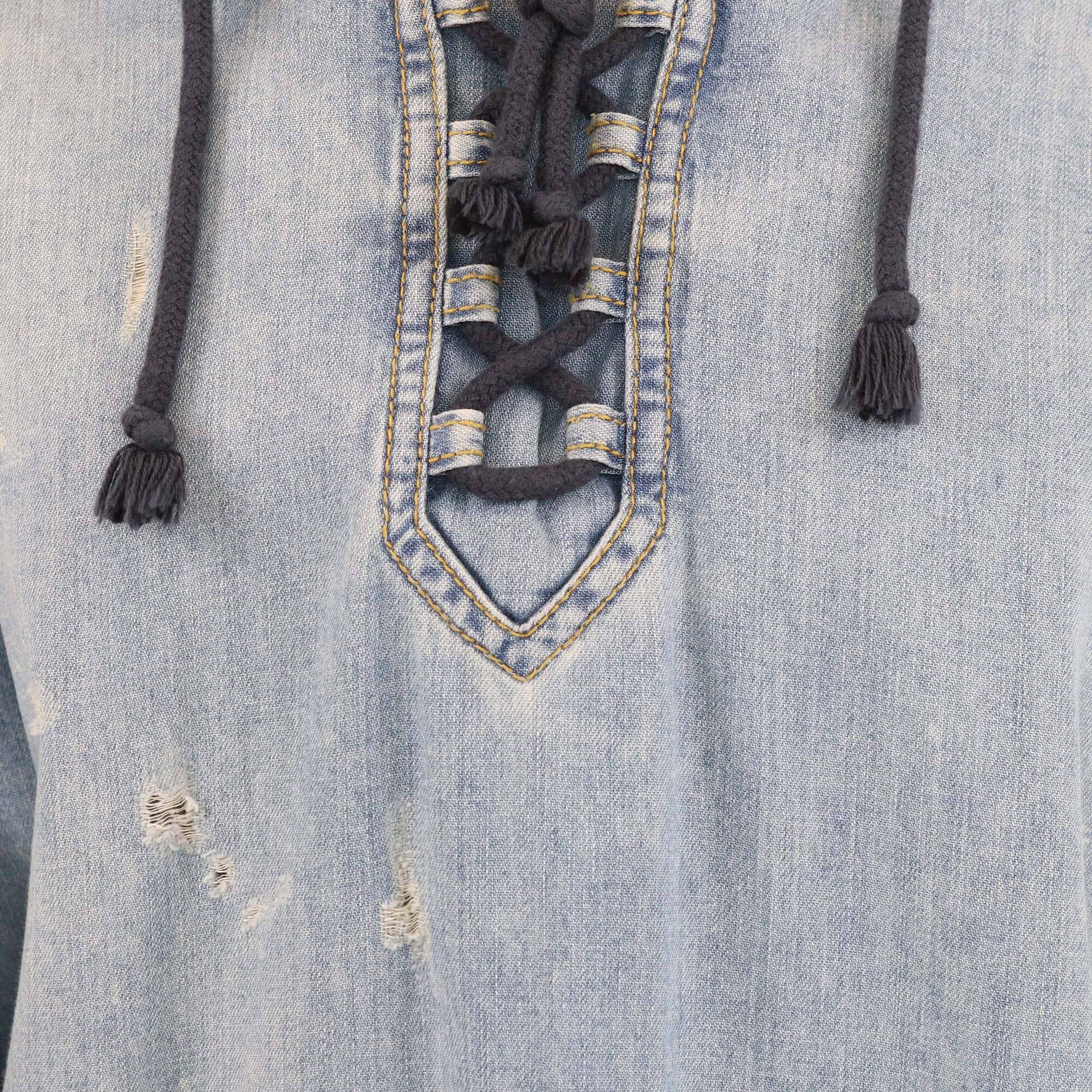 Saint Laurent Washed Blue Denim Distressed Lace Up Hoodie Jacket Womens Saint Laurent 