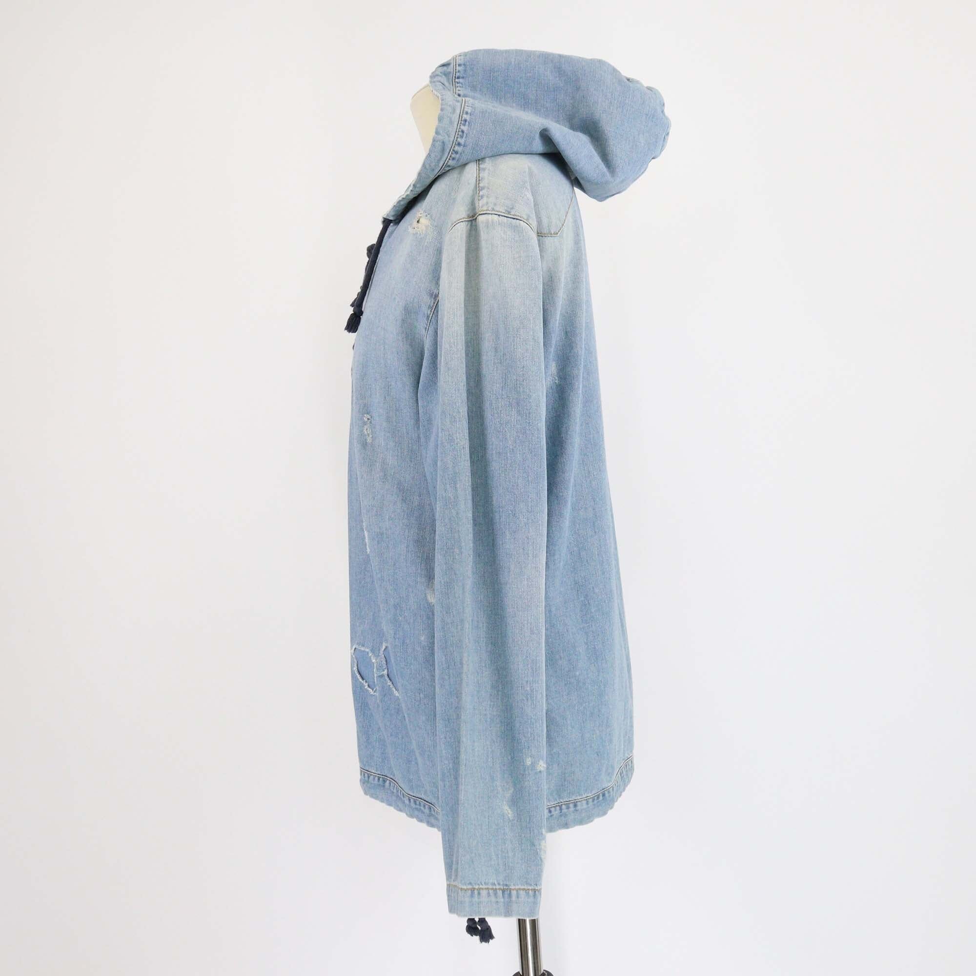Saint Laurent Washed Blue Denim Distressed Lace Up Hoodie Jacket Womens Saint Laurent 