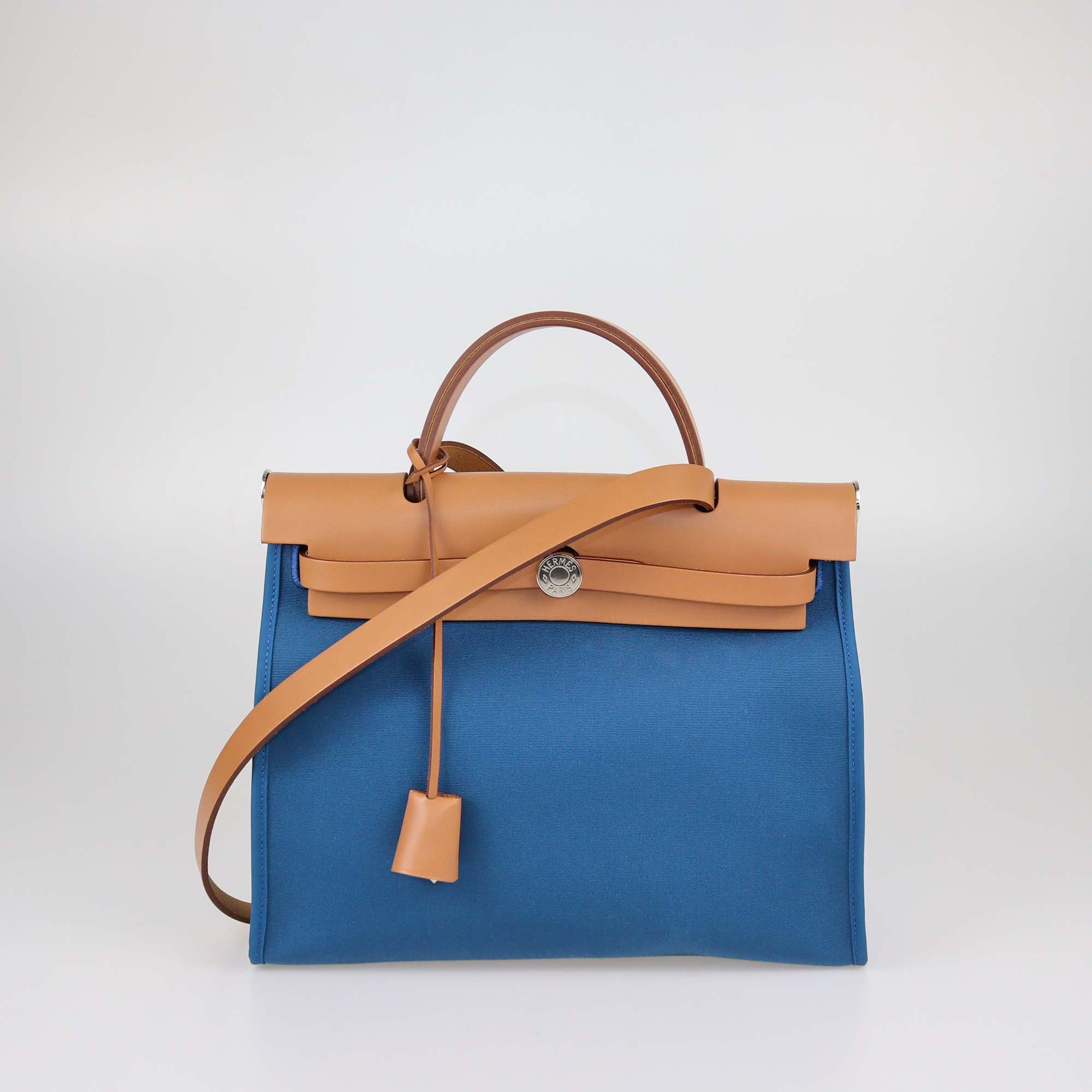 Hermes Blue Izmir/Natural Canvas and Leather Herbag Zip 31 Bag
