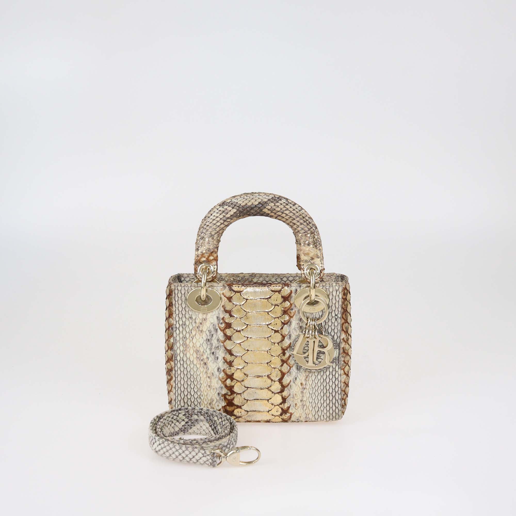 Christian Dior Beige/Gold Python Mini Lady Dior Tote