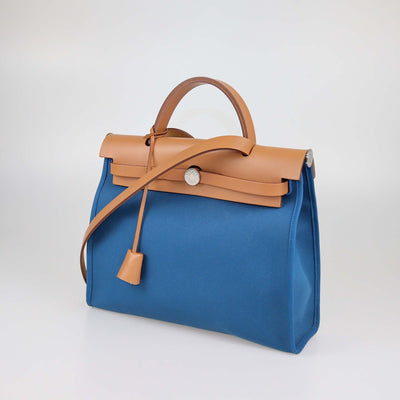 Hermes Blue Izmir/Natural Canvas and Leather Herbag Zip 31 Bag