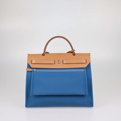 Hermes Blue Izmir/Natural Canvas and Leather Herbag Zip 31 Bag