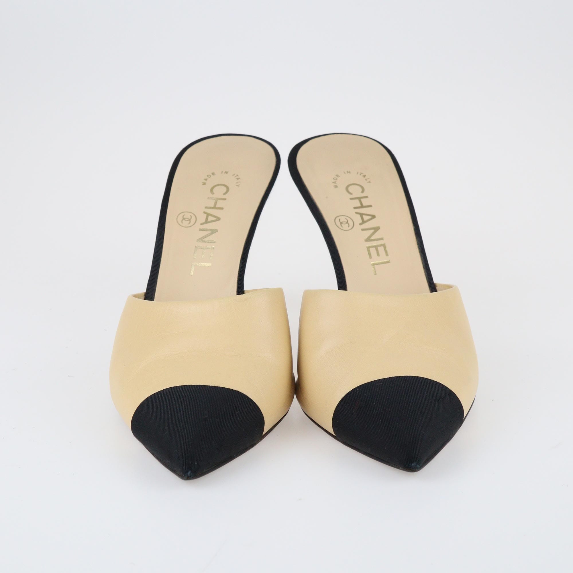 Beige/Black Pearl Heel Pointed Pumps Shoes Chanel 