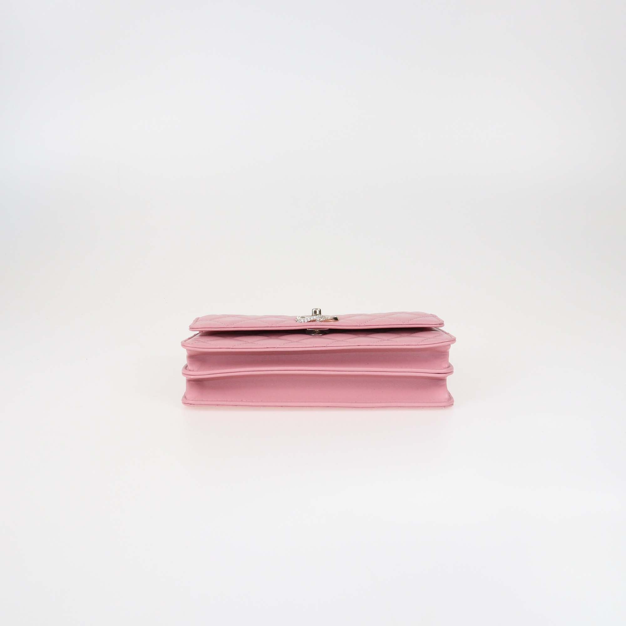 Chanel Pink Quilted Leather Crytal Flap Chain Clutch