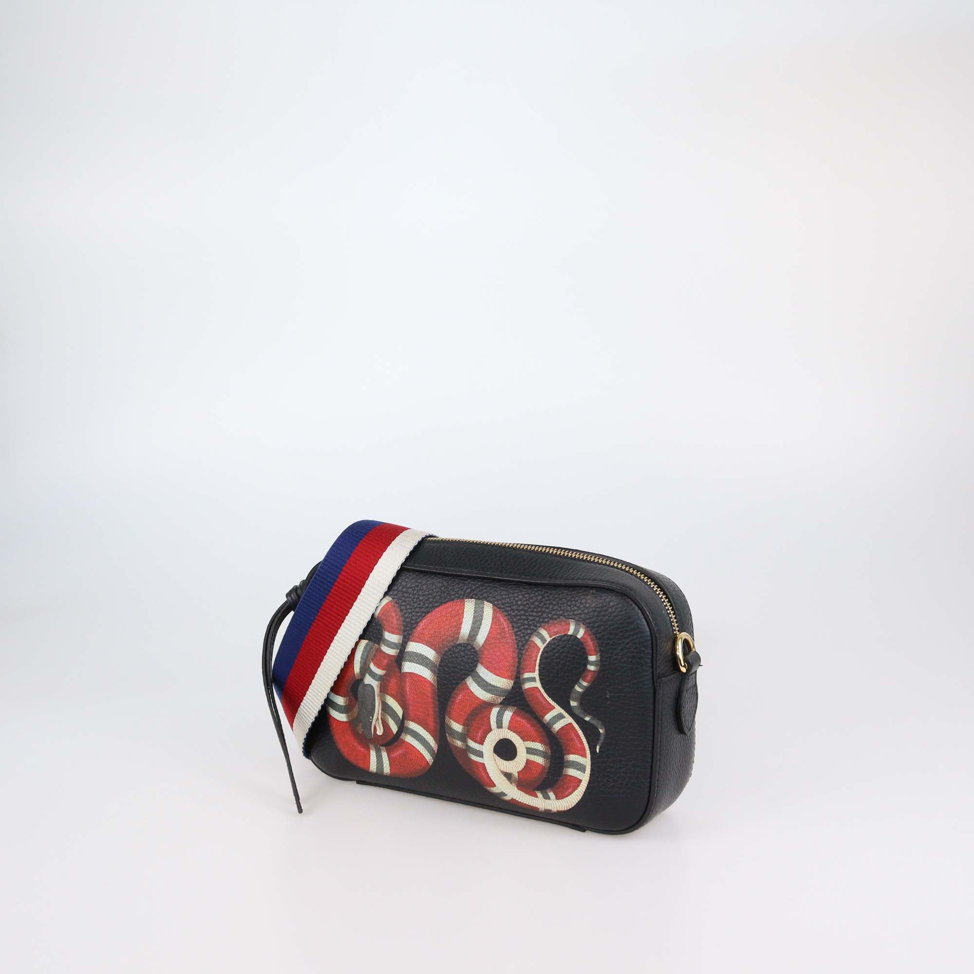 Gucci Black Leather Snake Print Camera Crossbody Bag