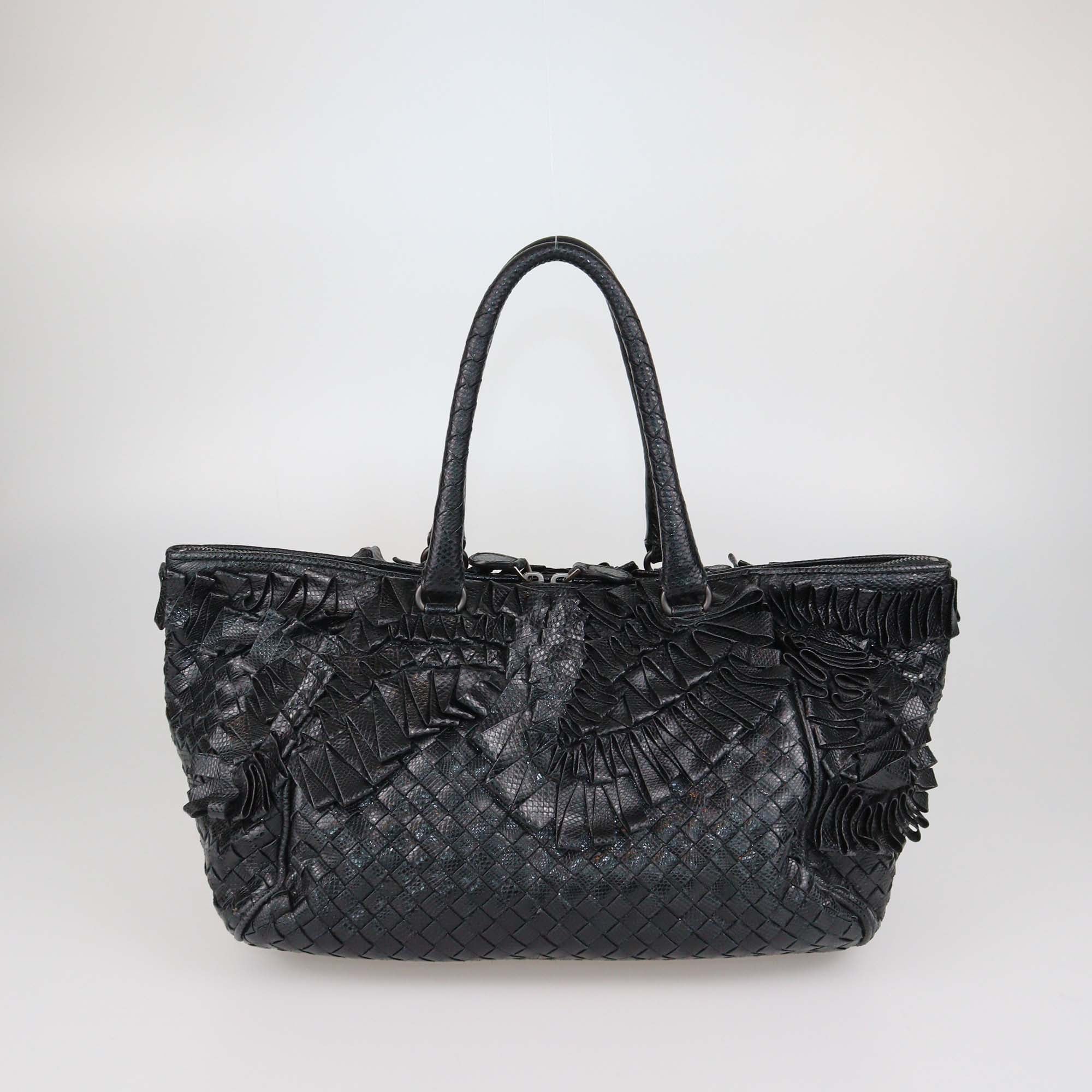 Bottega Veneta Black Intrecciato Karung Leather Ruffled Satchel