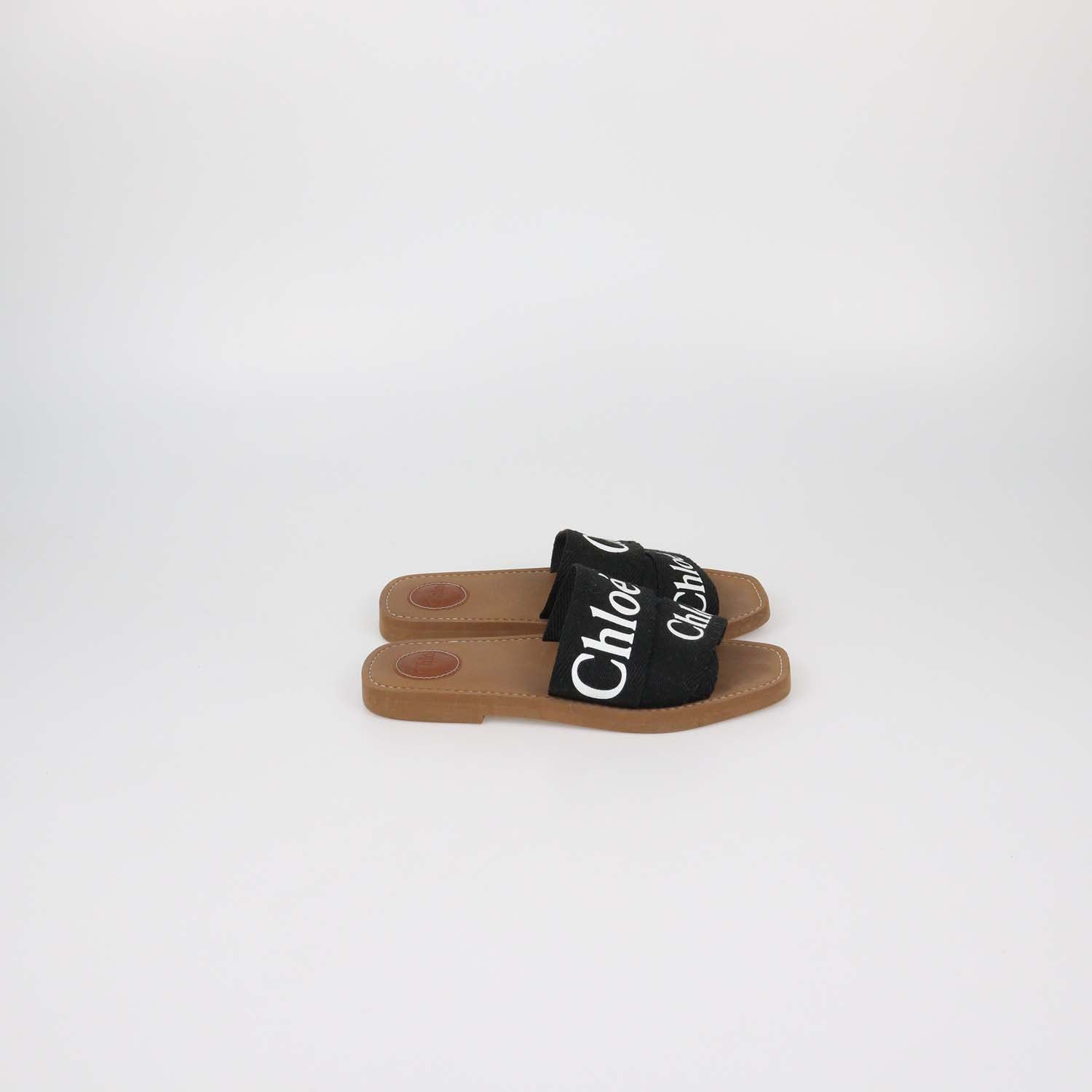 Chloe Black Canvas Logo Woody Flat Slide