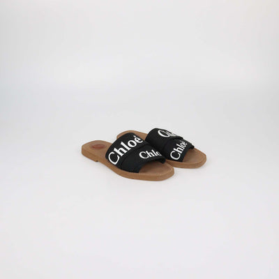 Chloe Black Canvas Logo Woody Flat Slide