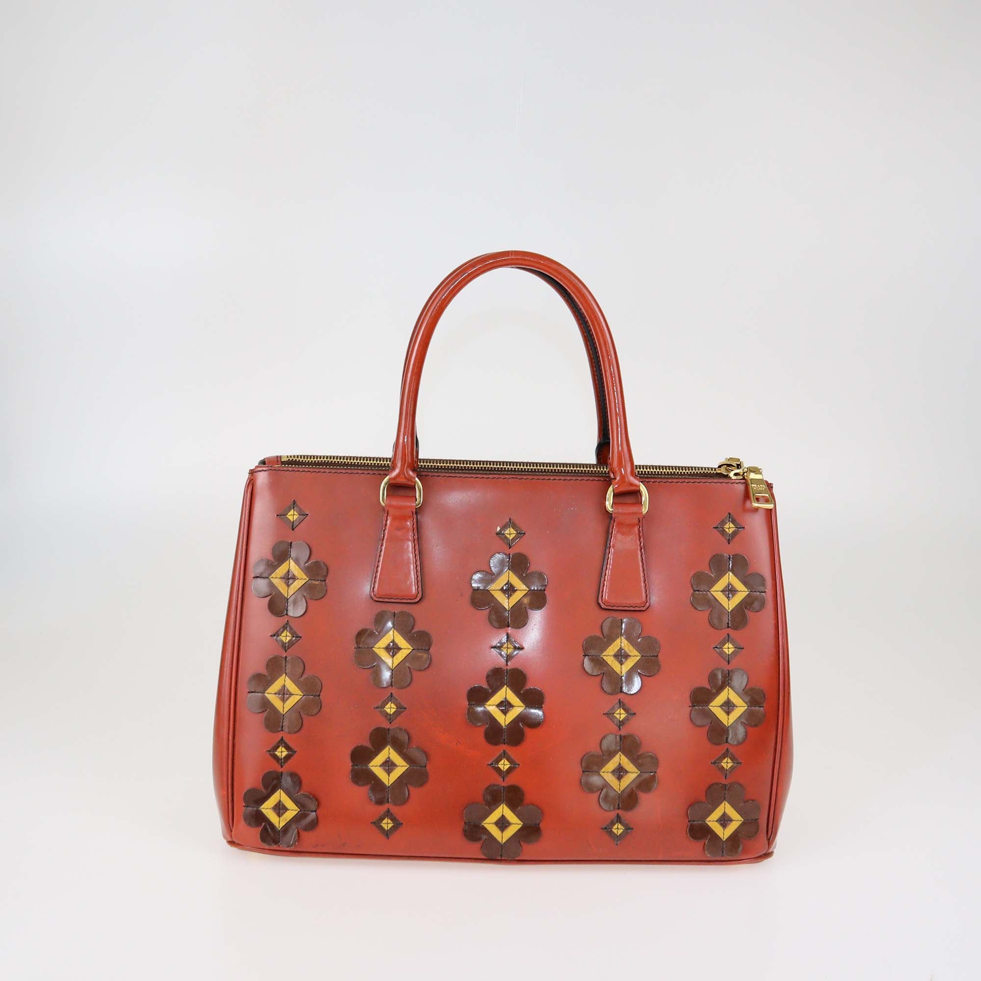 Prada Brick Red Patent Leather Medium Floral Applique Double Zip Tote