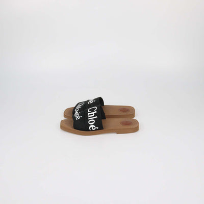 Chloe Black Canvas Logo Woody Flat Slide