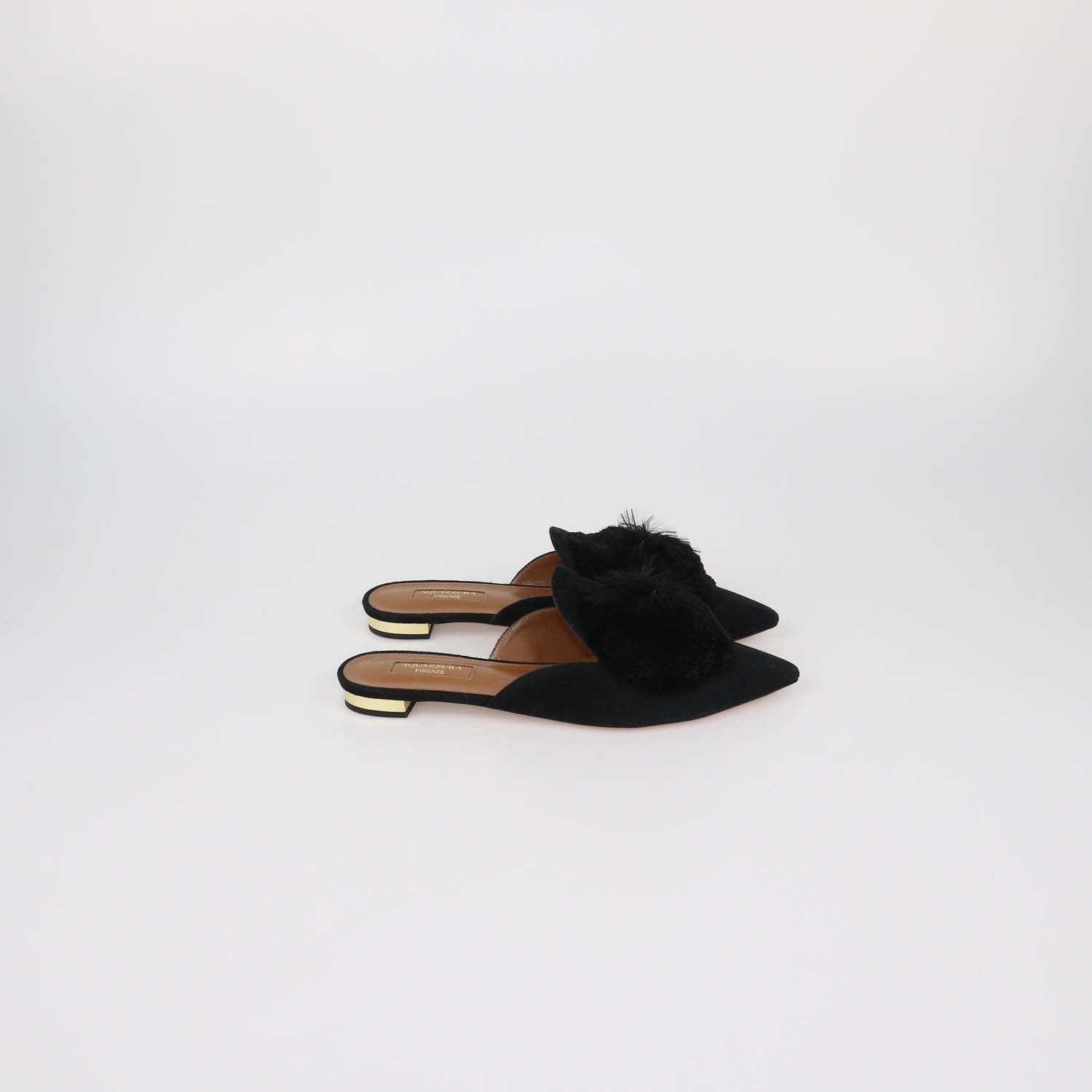 Aquazzura Black Suede Powder Puff Pom Pom Mules