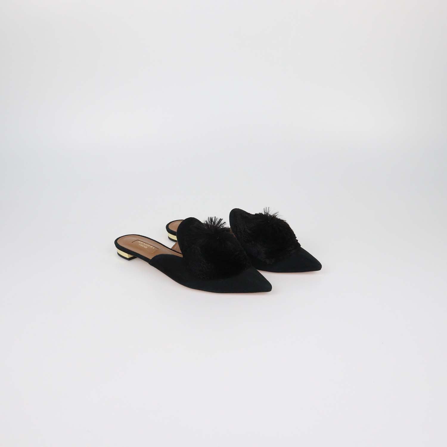 Aquazzura Black Suede Powder Puff Pom Pom Mules