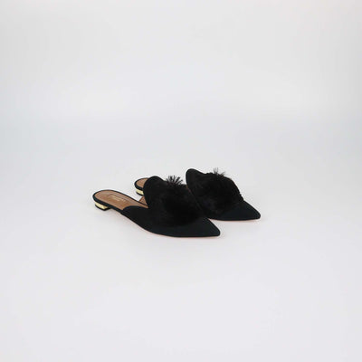 Aquazzura Black Suede Powder Puff Pom Pom Mules