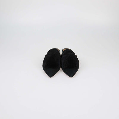 Aquazzura Black Suede Powder Puff Pom Pom Mules