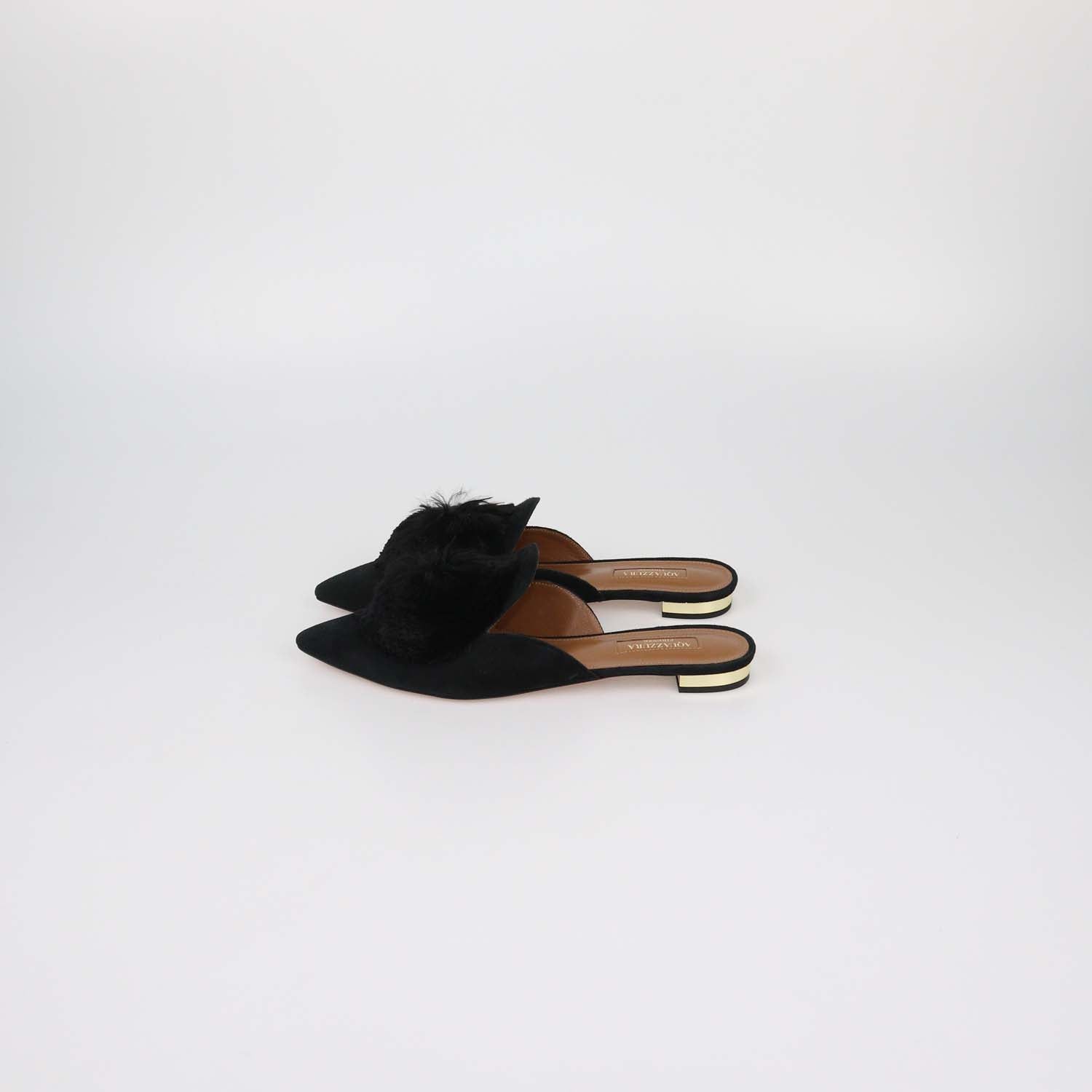 Aquazzura Black Suede Powder Puff Pom Pom Mules