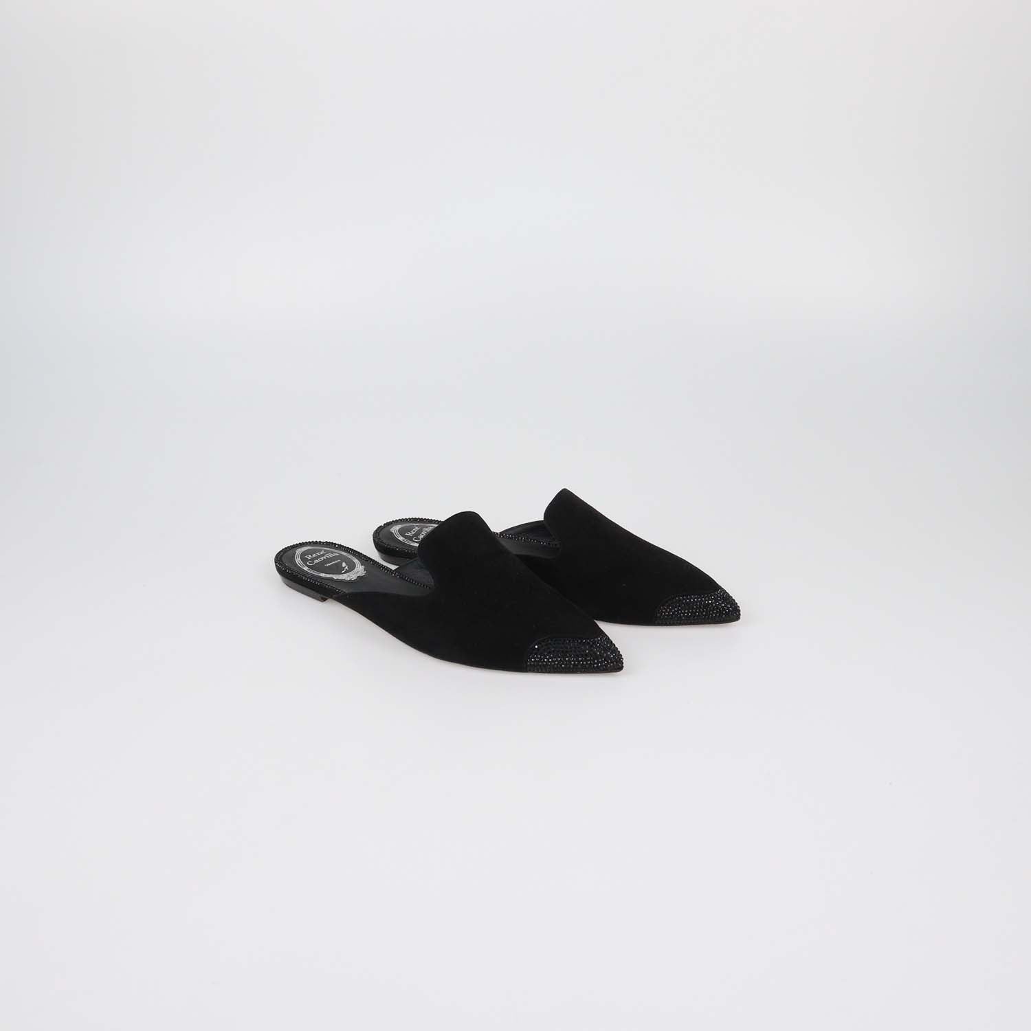 Rene Black Suede Rhinestone Embellished Flat Mules