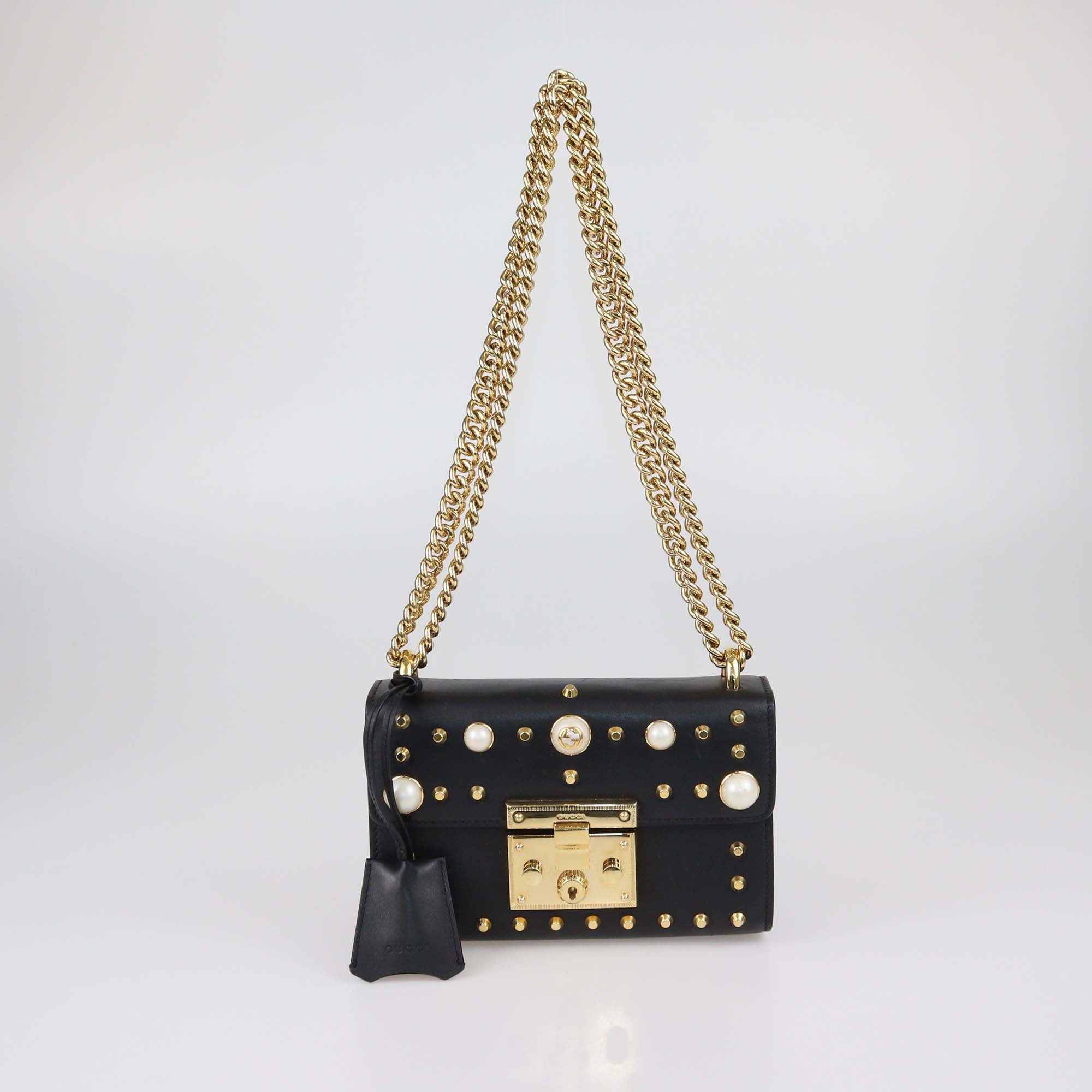 Gucci Black Leather Small Pearl Studded Padlock Shoulder Bag