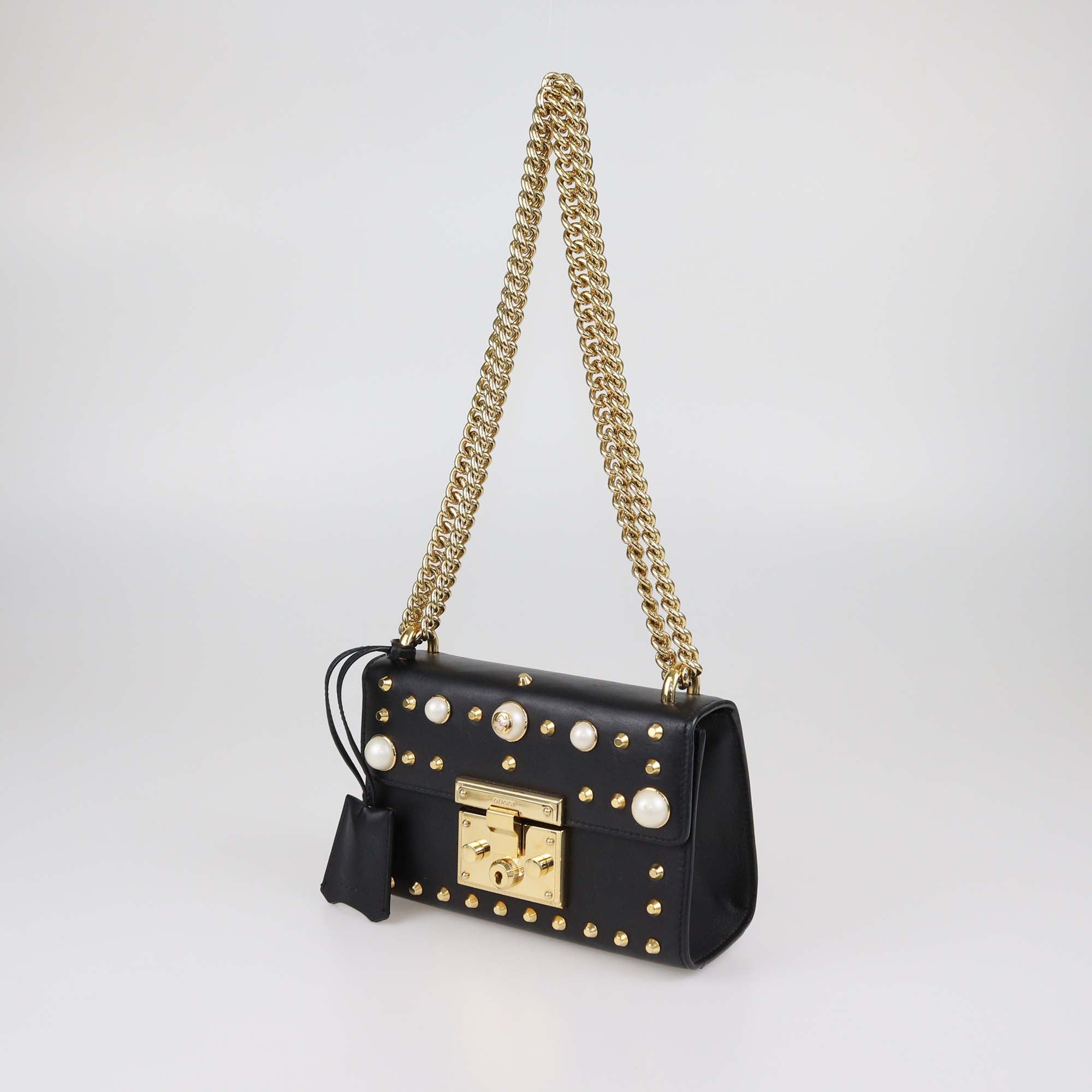 Gucci Black Leather Small Pearl Studded Padlock Shoulder Bag