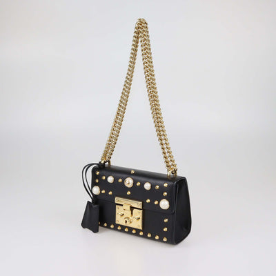 Gucci Black Leather Small Pearl Studded Padlock Shoulder Bag
