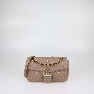 Gucci Old Rose Quilted Leather Medium Pearly GG Marmont Shoulder Bag