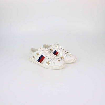 Gucci White Leather Bees and Stars Ace Sneakers