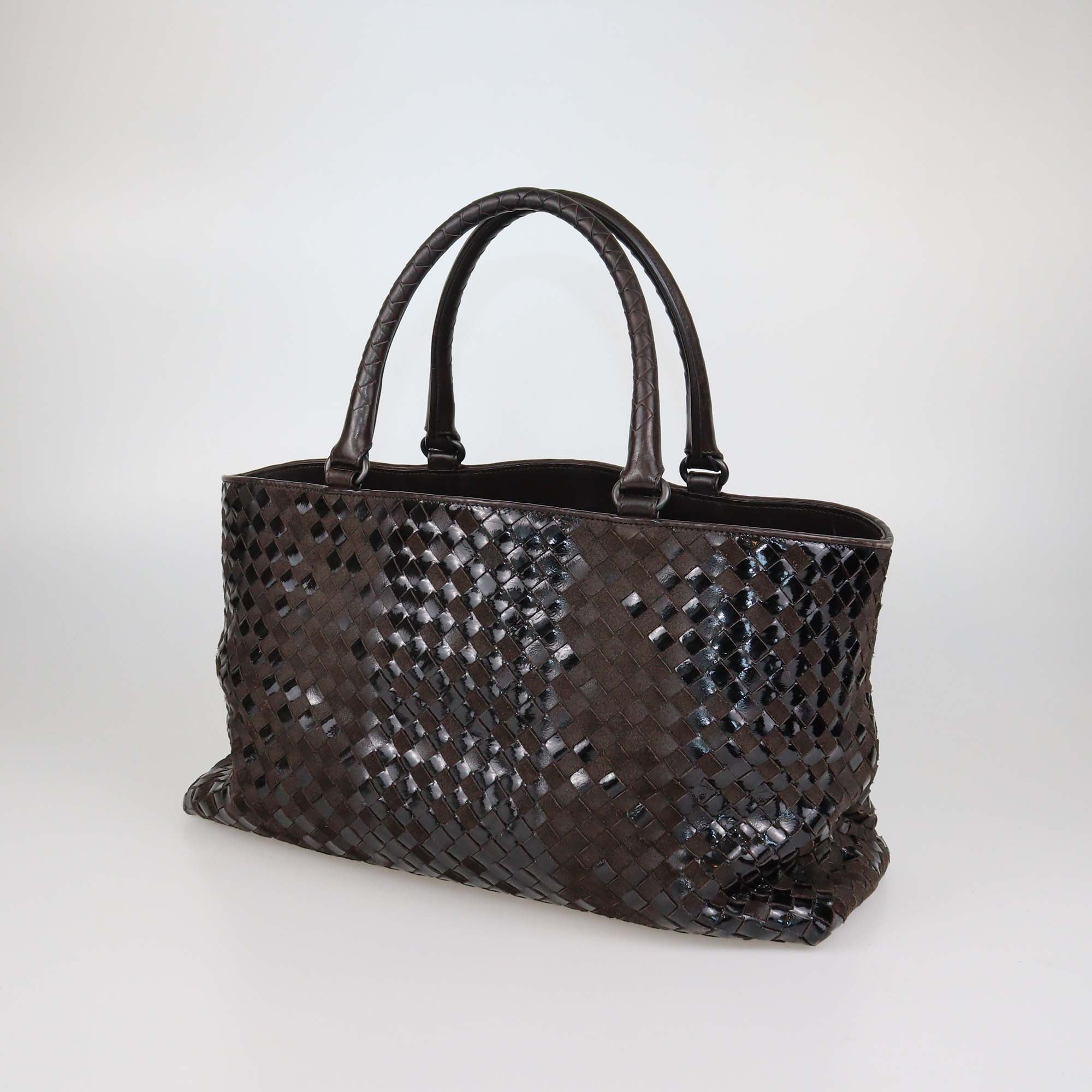 Bottega Veneta Dark Brown Intrecciato Suede & Patent Leather Tote