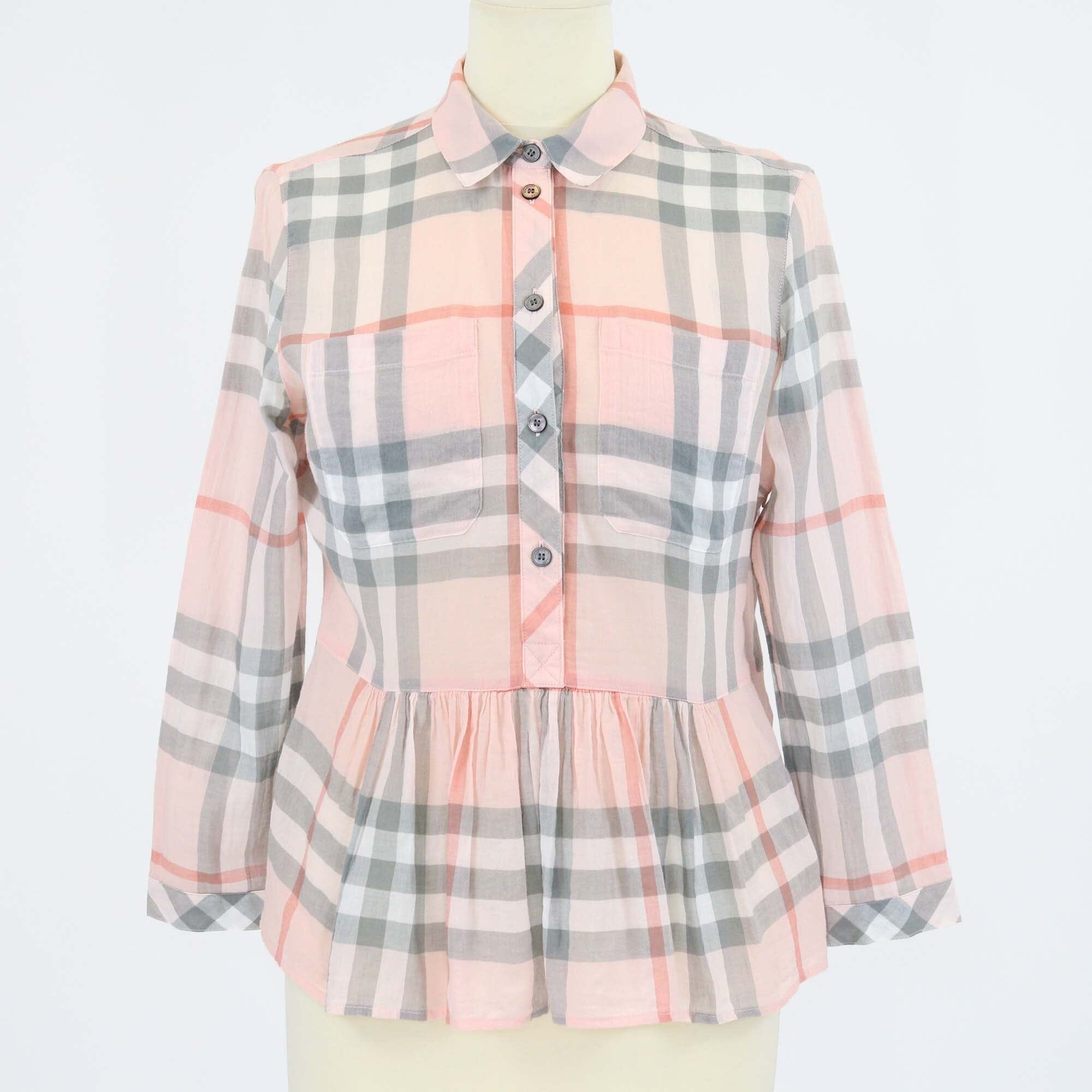 Burberry Brit Pink Checkered Long Sleeve Pleated Detail Blouse Womens Burberry Brit 