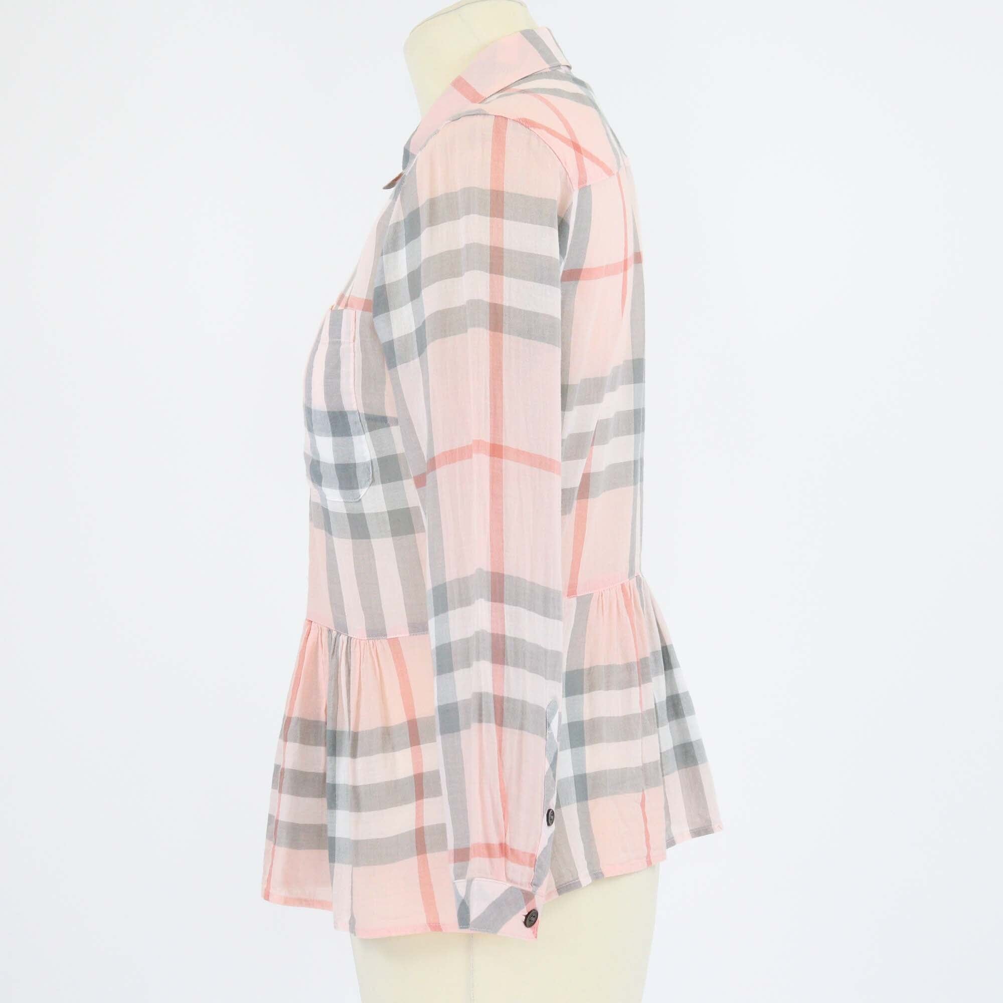 Burberry Brit Pink Checkered Long Sleeve Pleated Detail Blouse Womens Burberry Brit 