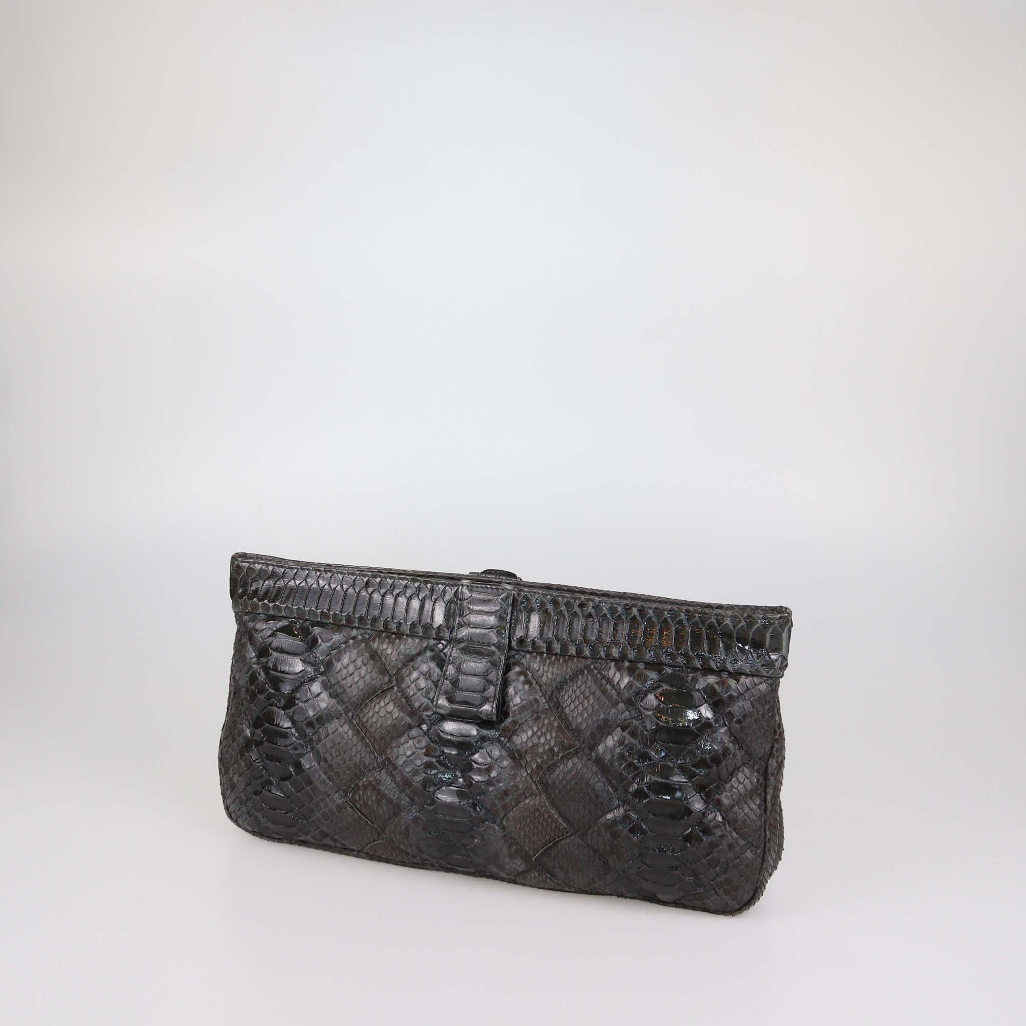 Bottega Veneta Dark Grey Quilted Python Frame Clutch