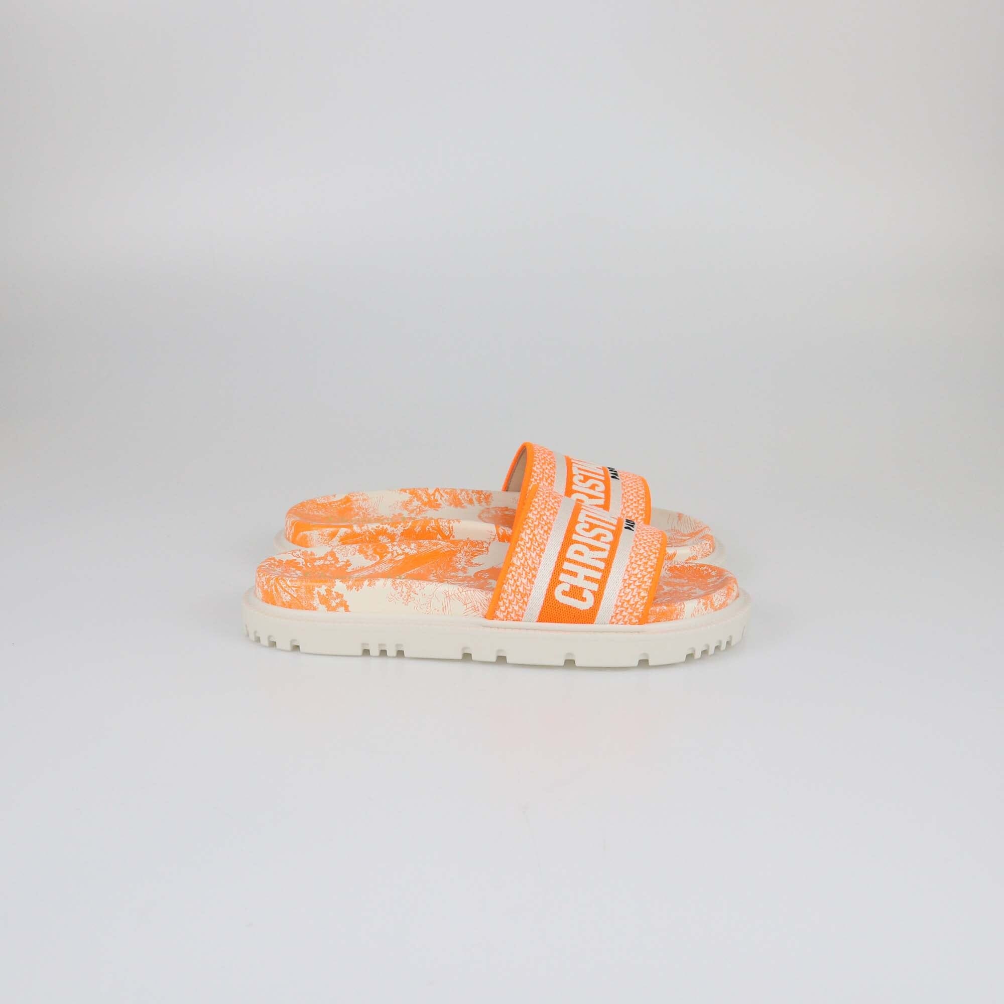 Christian Dior White/Orange Embroidered Dway Slides Womens Christian Dior 