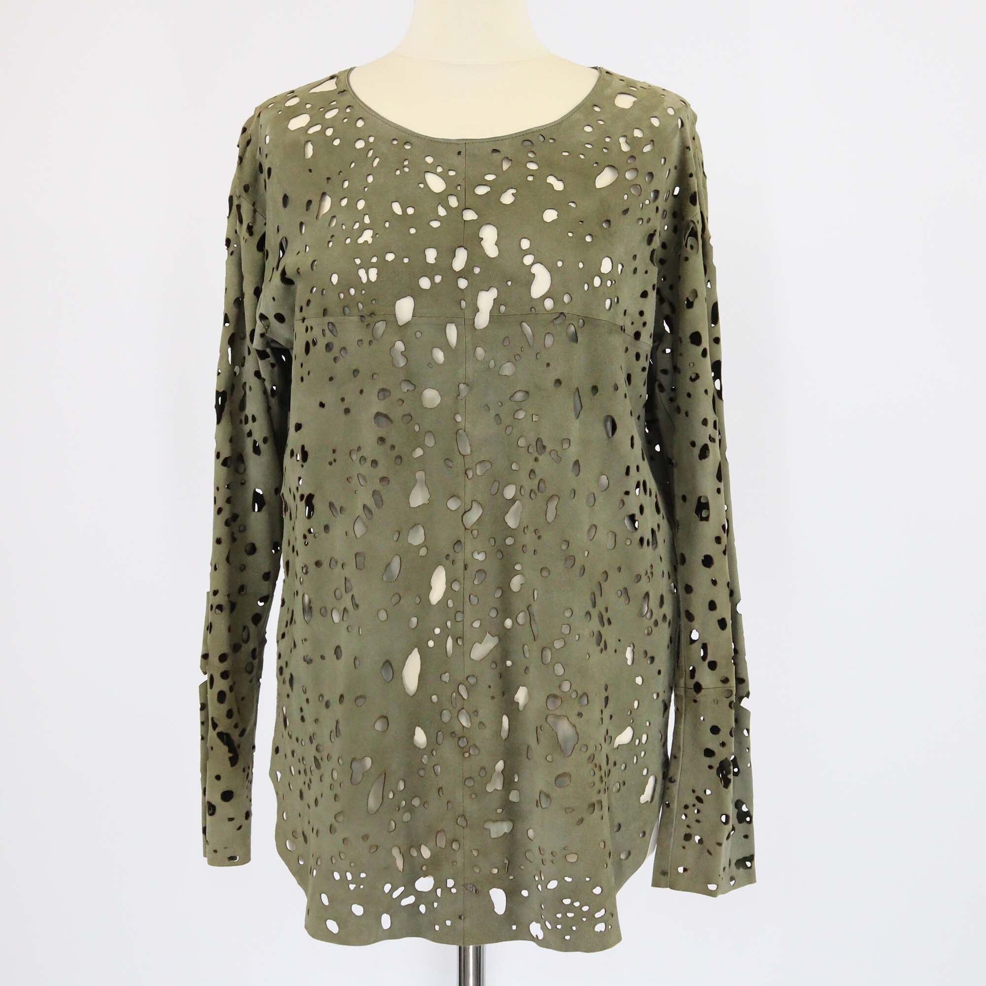 Roberto Cavalli Military Green Distressed Long Sleeve Top Womens Roberto Cavalli 